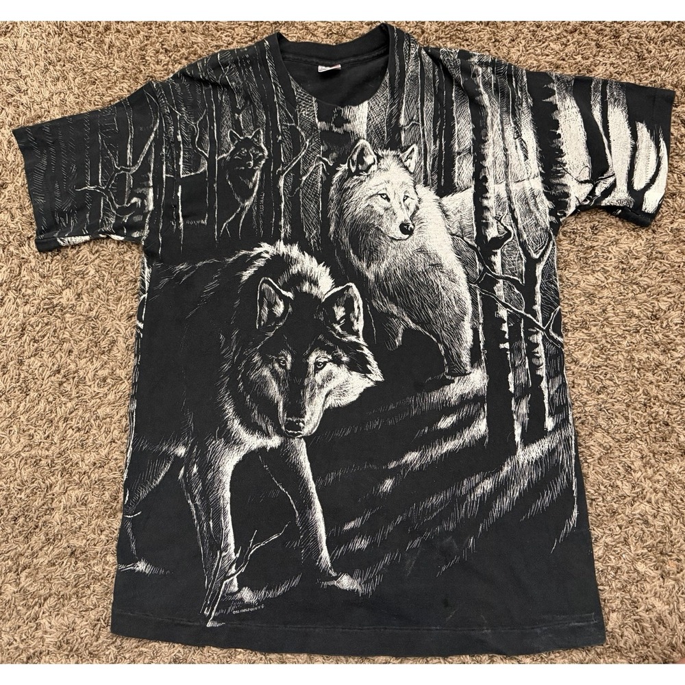Vtg 90s Wolf Pack All Over Print AOP Single Stitch 1992 Harlequin T-Shirt Large